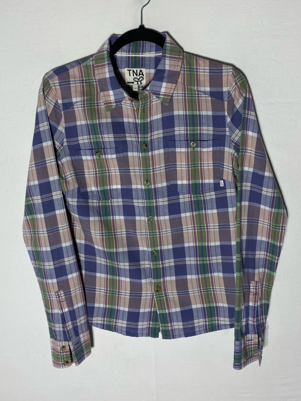 Aritzia TNA Purple Green Pink Cotton Plaid Button Up Shirt S Western Gorpcore